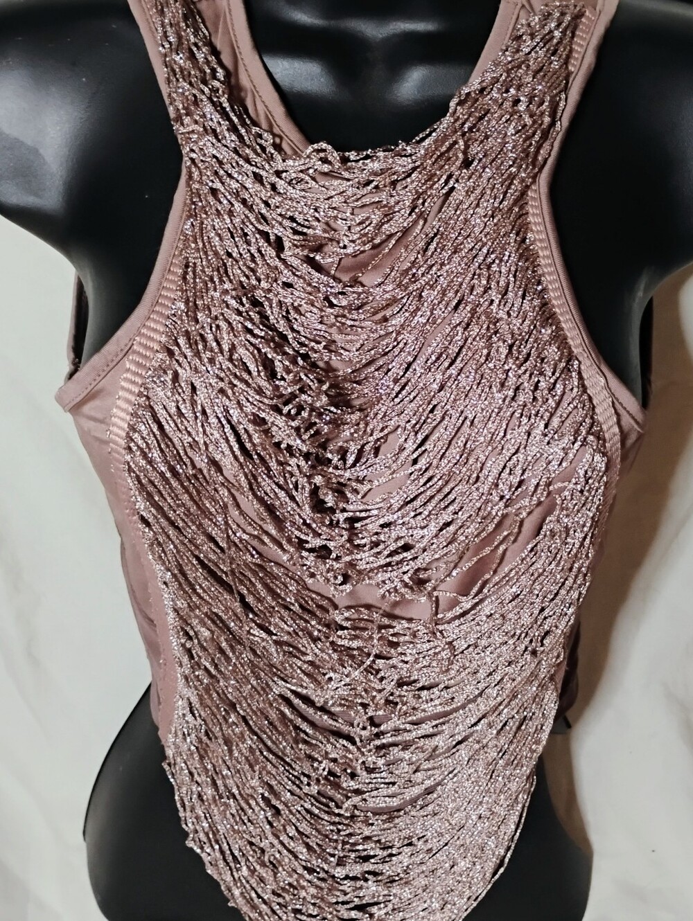 SHEIN Taupe Metallic Beaded Sleeveless Crop Top - Picture 3 of 5